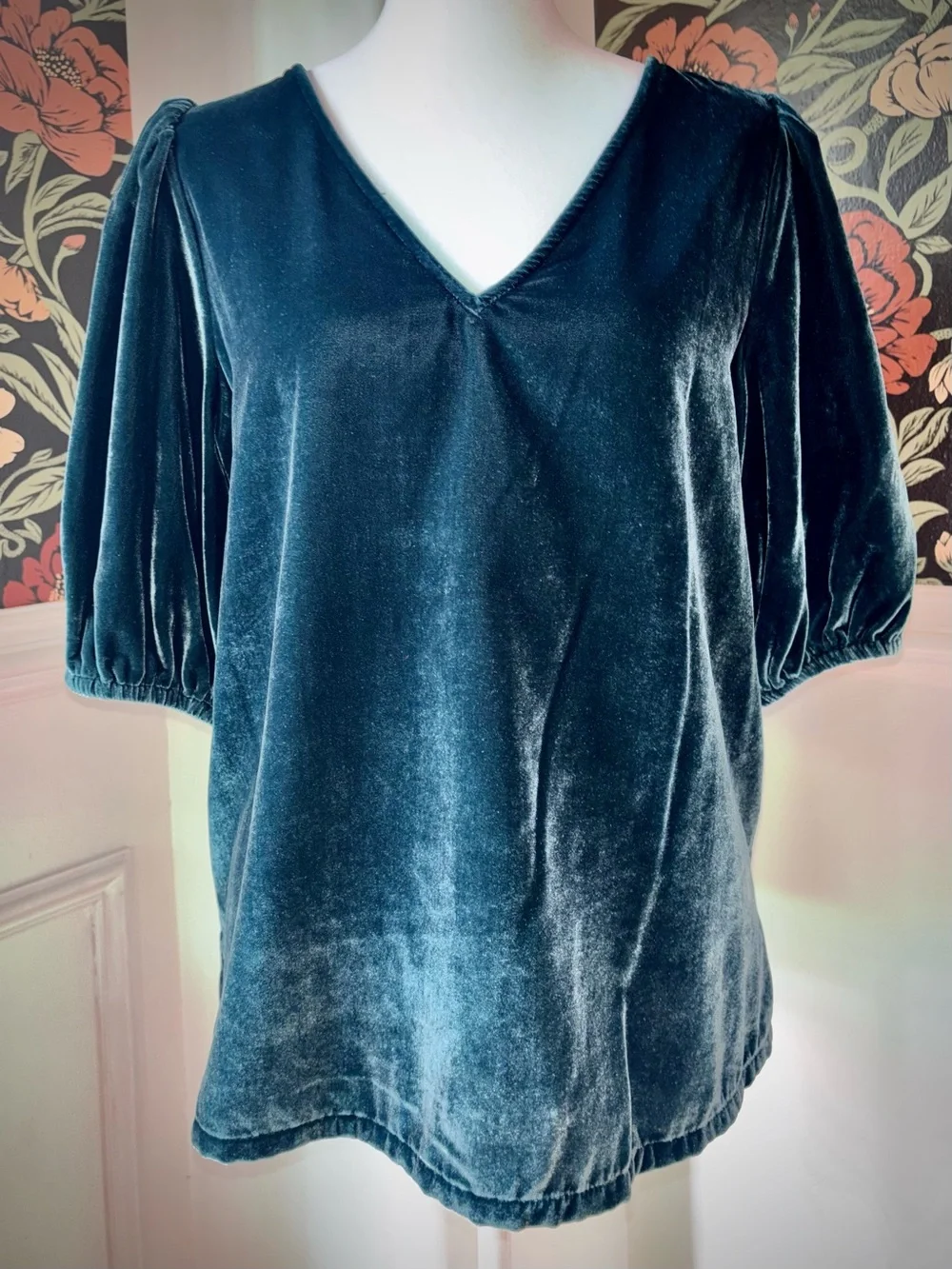 Velvet Puff Sleeve V-Neck Top Teal Blue Romantic Style